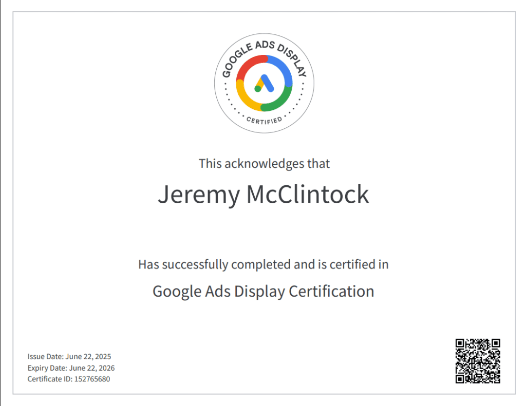 Google Ad Display Certification of Ad Insight Platform Founder Jeremy McClintock