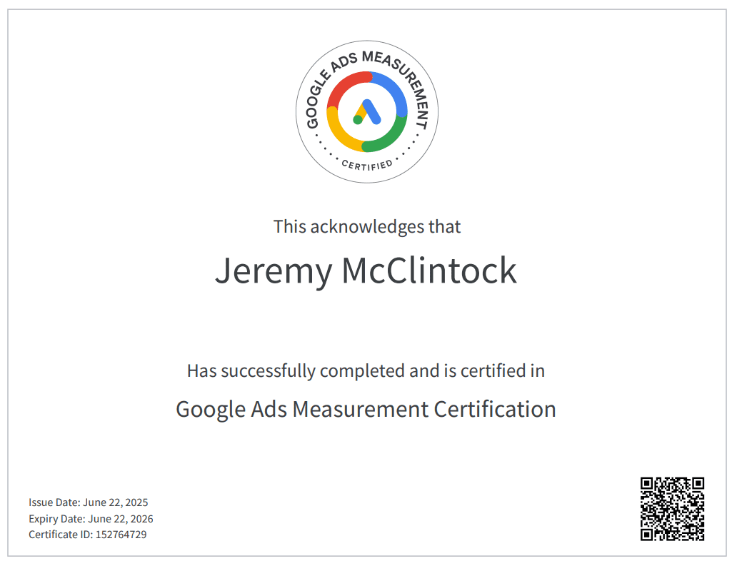 Google Ad Measurement Certification of Ad Insight Platform Founder Jeremy McClintock