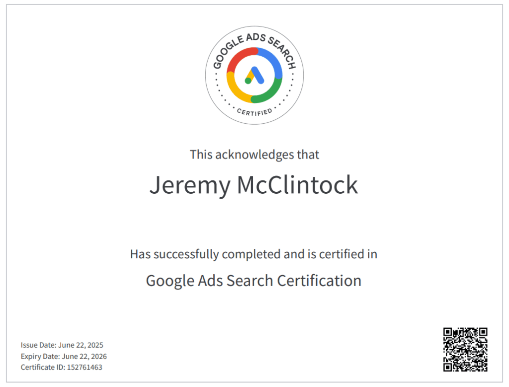 Google Ad Search Certification of Ad Insight Platform Founder Jeremy McClintock
