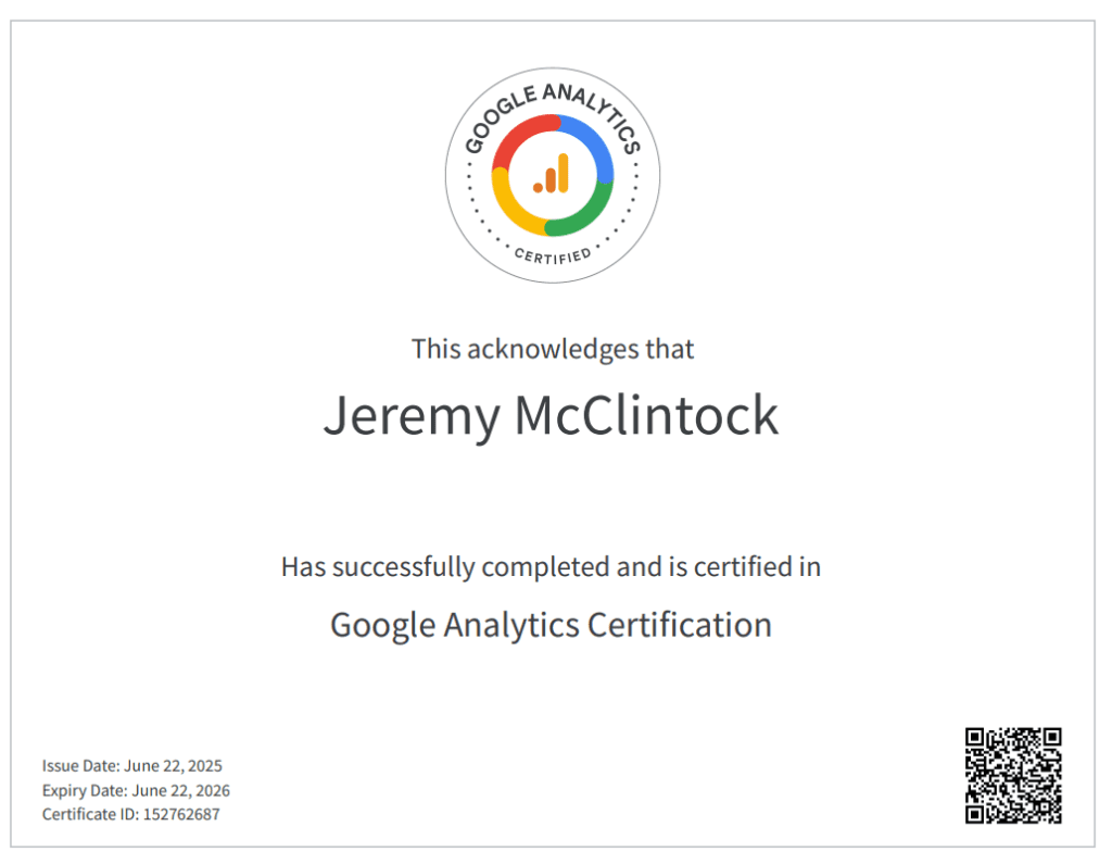 Google Analytics Certification of Ad Insight Platform Founder Jeremy McClintock