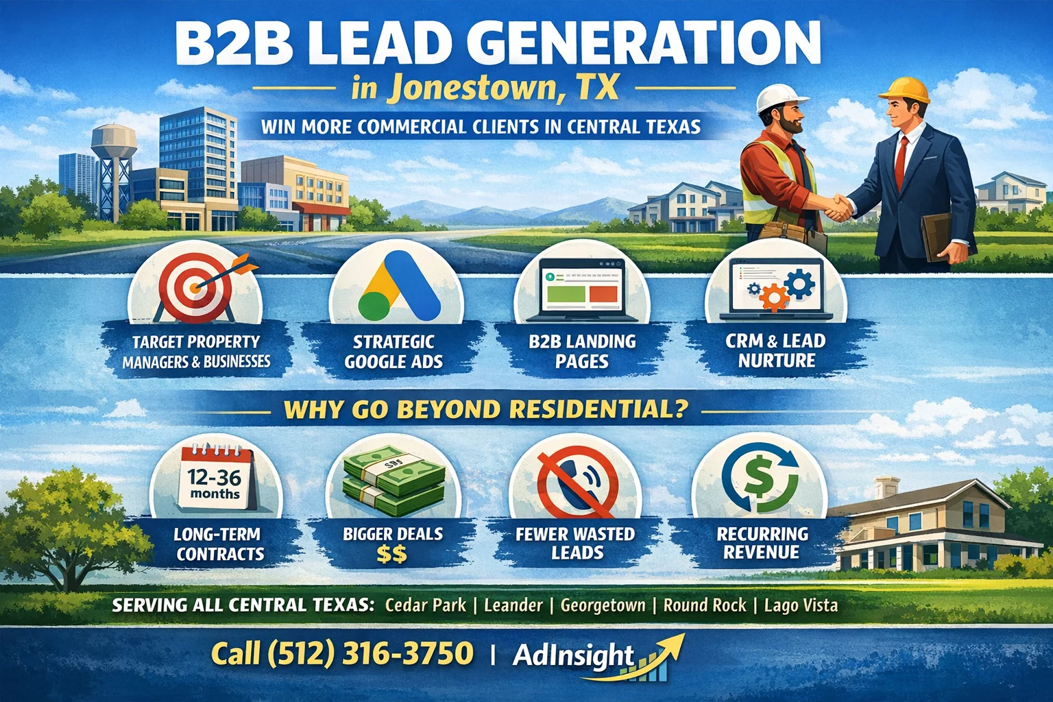 B2B lead generation Jonestown TX infographic showing strategies for attracting commercial clients in Central Texas service businesses