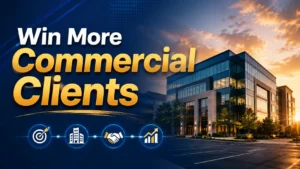 Modern commercial office building graphic promoting B2B lead generation Jonestown TX services for contractors and service businesses seeking more commercial clients in Central Texas.