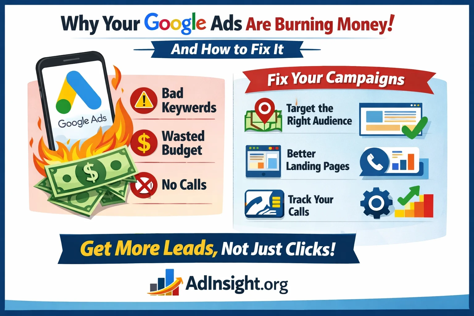 Infographic showing common Google Ads mistakes and PPC optimization tips for service businesses in Austin TX