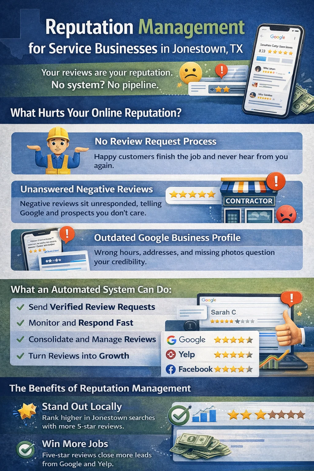 Reputation management infographic for service businesses in Jonestown TX explaining review generation, review monitoring, Google Business Profile optimization, and online reputation growth.