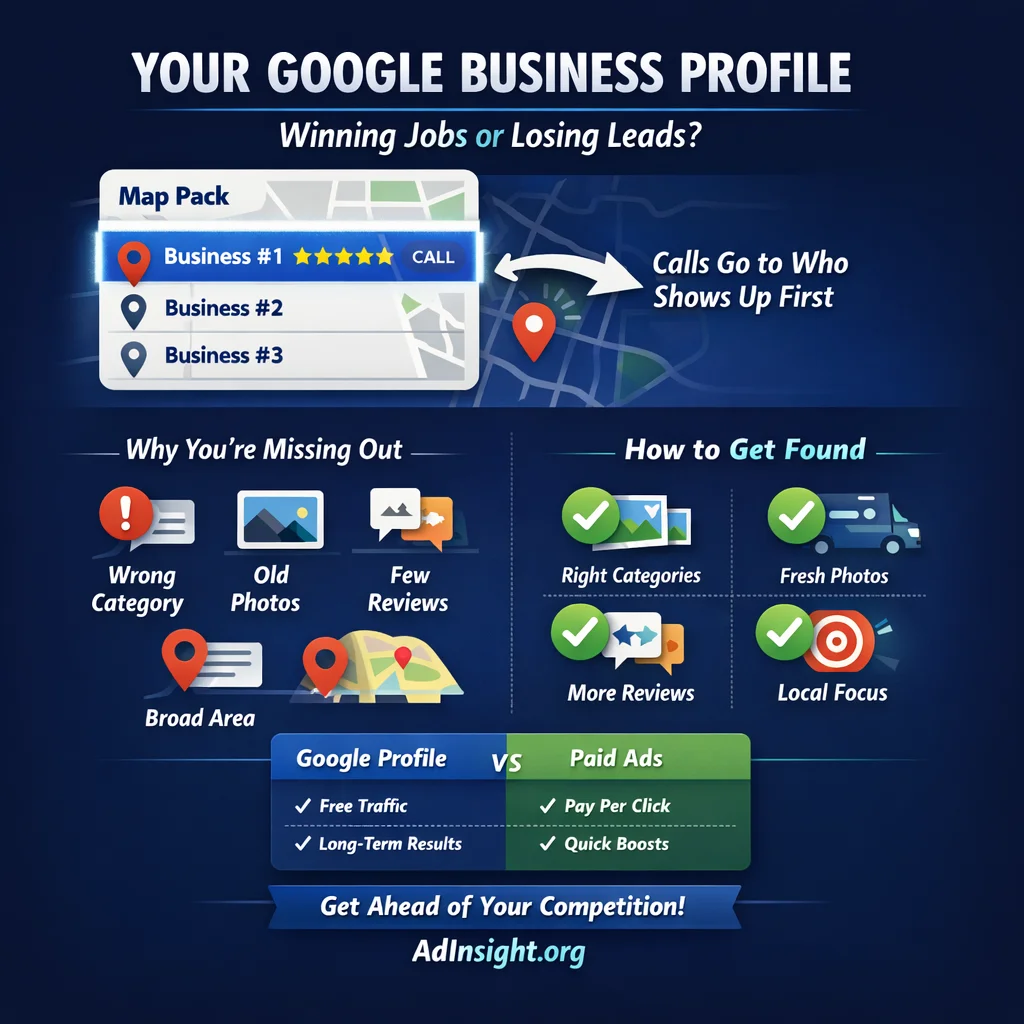 Google Business Profile optimization Central Texas infographic showing Map Pack ranking factors and GBP optimization strategies for local contractors