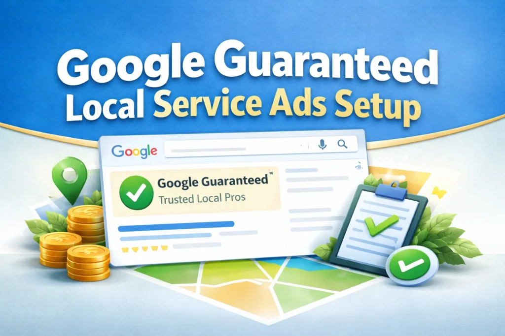 Google Guaranteed Local Service Ads setup for Central Texas contractors showing top search placement, verified badge, and lead generation above organic results.