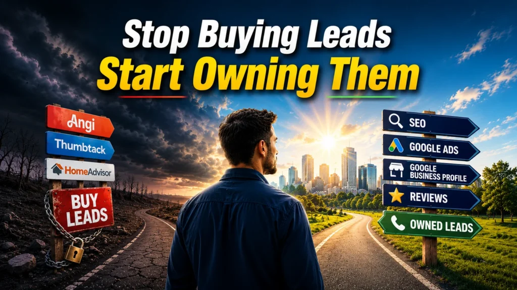 Service business owner choosing between buying leads from Angi, Thumbtack, and HomeAdvisor versus generating owned leads through SEO, Google Ads, Google Business Profile, and reviews.