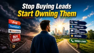 Service business owner choosing between buying leads from Angi, Thumbtack, and HomeAdvisor versus generating owned leads through SEO, Google Ads, Google Business Profile, and reviews.