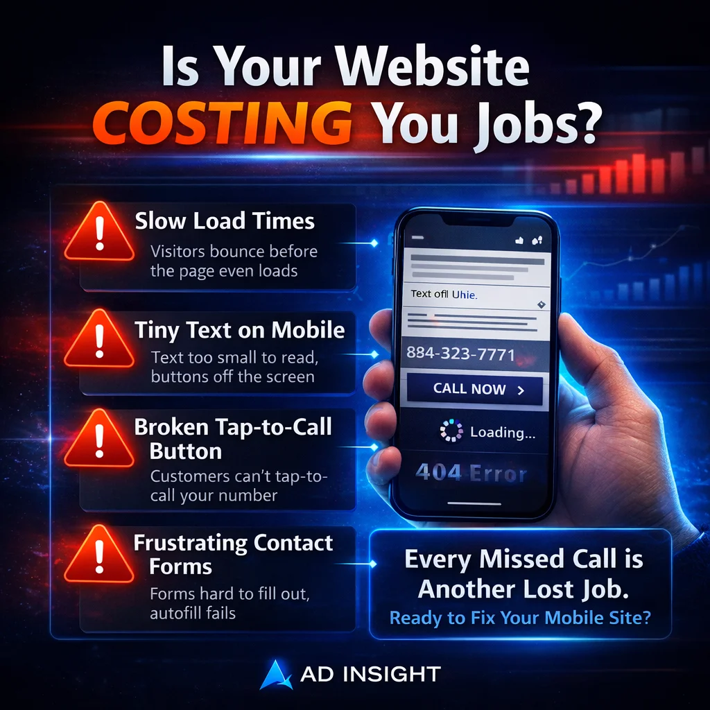 Ad Insight infographic detailing 4 major mobile mistakes—slow load times, tiny text, broken tap-to-call buttons, and frustrating forms—on a service business website Central Texas companies build.