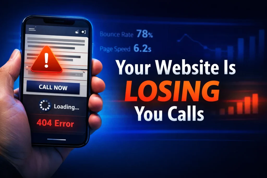 A hand holding a smartphone with a 404 error, loading wheel, and a 78% bounce rate graphic, demonstrating why a poorly optimized service business website Central Texas contractors use loses mobile customer calls.